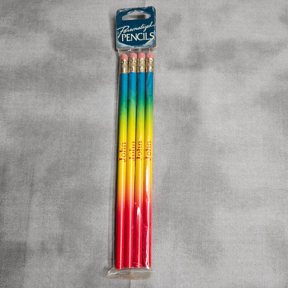 JOHN Personalized My Name Pencils New‎ Old Stock Sealed Rainbow Set of 4 Vintage